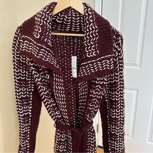 White House Black Market Burgundy and White Cardigan Sweater